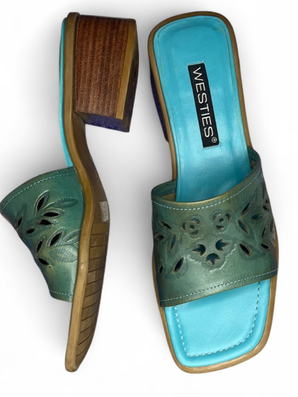Vintage Y2K Westies Teal Blue Square Toe Heels Genuine Leather Women’s 8 Sandals
